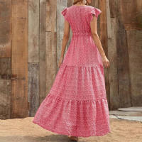 Falda Larga Bohemia Con Estampado Floral Vuelta En V Cintura Alta Para Fiesta Primavera Otoño Mujer Elegante Y Fluidez - details 5