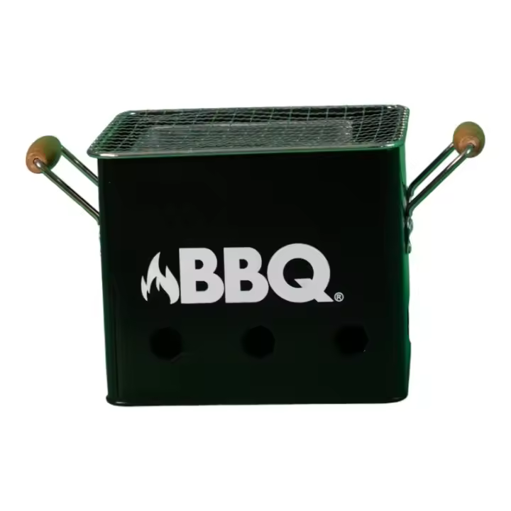 Parrilla de Carbón cuadrada de aleación de zinc Negro 18cm X 15cm con Barril y Asas de Madera - 1