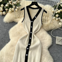Vestido Largo Sin Mangas De Verano Para Mujer REALEFT V-neck Cintura Imperio Slim Alineado Hasta La Cintura De Poliéster - details 16