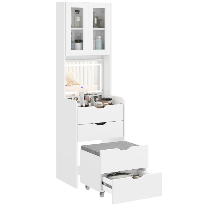 HOMCOM Tocador de Maquillaje con luces LED de 3 Colores, Espejo Abatible y Taburete Acolchado, Mesa de Maquillaje de Vidrio Visible con 3 Cajones y Estantes, para Espacios Reducidos, Vestidor, Blanco