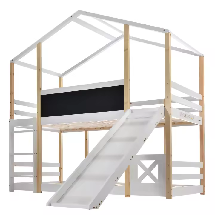 Cama Infantil Casa en El árbol with tobogán y Escalera 90x200 cm, Cama de ático para niños-2x Marco de listones-Natural & Blanco - 1