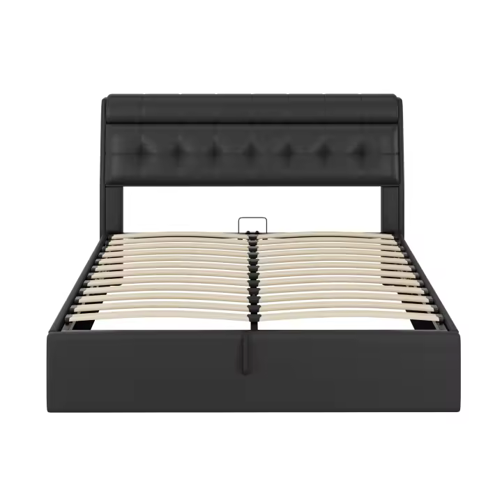 Cama tapizada con estilo, 160*200, Cama hidráulica, Estante Oculto en el cabecero, Estante en El Cajón DE LA Cama, PU, Con somier y cabecero, Sin colchón, Negro - 1