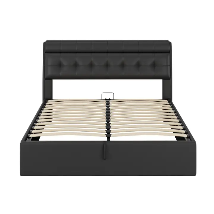 Cama tapizada con estilo, 160*200, Cama hidráulica, Estante Oculto en el cabecero, Estante en El Cajón DE LA Cama, PU, Con somier y cabecero, Sin colchón, Negro - 1