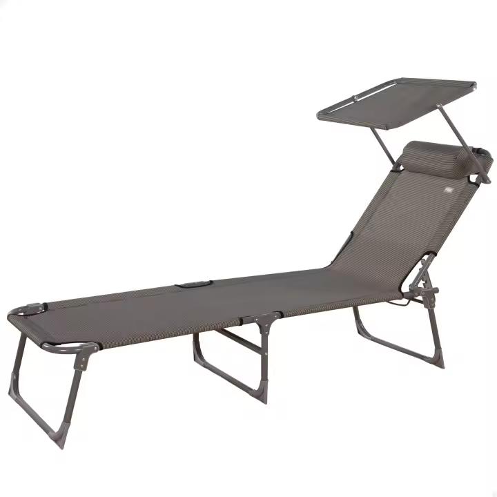 Tumbona plegable playa c/parasol y cojín acolchado gris Aktive, Tumbona plegable con parasol gris Aktive, antivuelco y reclinable, de acero y textileno, medidas 193x53x30cm, Peso máx. 110Kg - 1