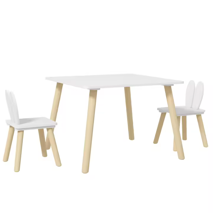 AIYAPLAY Juego de Mesa y 2 Sillas Infantiles Mesa Infantil con Sillas Respaldos con Orejas de Conejo Mesa Infantil para Guardería Sala de Juegos Blanco - 1