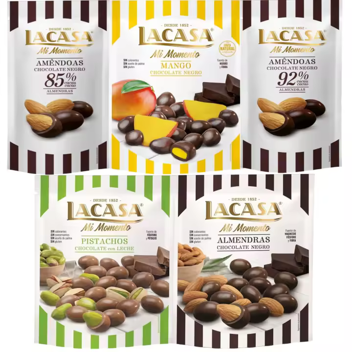 Lacasa Mi Momento pack de 5:Almendra 92% ,Almendra 85% ,Almendra Chocolate Negro ,Pistacho Chocolate Leche ,Mango Chocolate Negro - 1