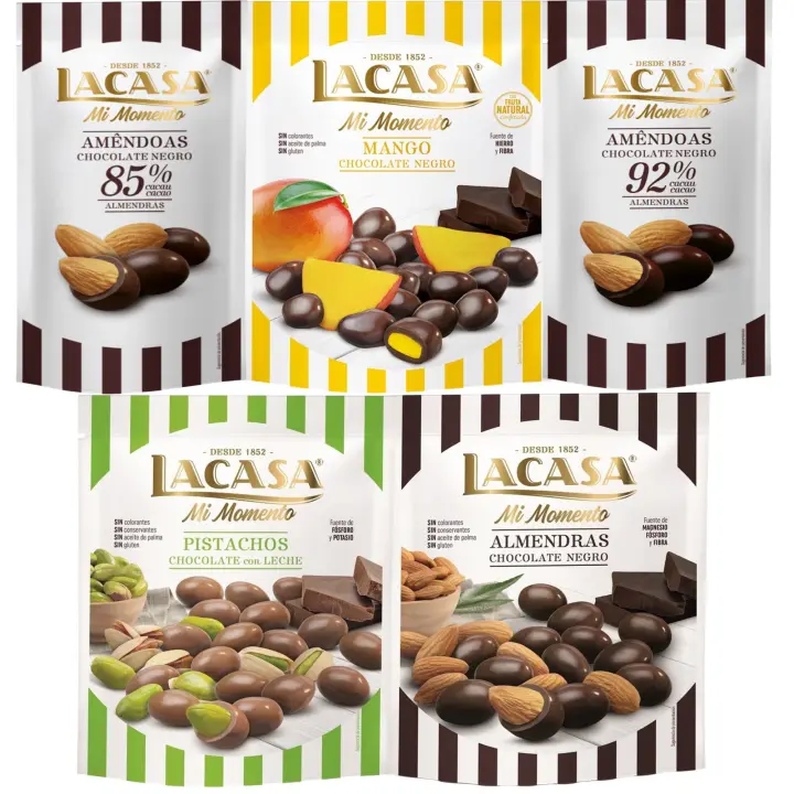 Lacasa Mi Momento pack de 5:Almendra 92% ,Almendra 85% ,Almendra Chocolate Negro ,Pistacho Chocolate Leche ,Mango Chocolate Negro - 1