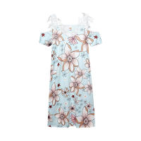 Nuevo Vestido Impreso De Verano Para Mujer Hombros Descubiertos Con Encaje Manga Corta Largo Hasta La Rodilla Estilo Casual - details 14