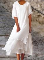 Vestido Largo De Color Sólido Para Mujer Verano 2024 Vuelta En V Manga Media Irregular Ropa De Vacaciones Playa Robe Casual - details 1