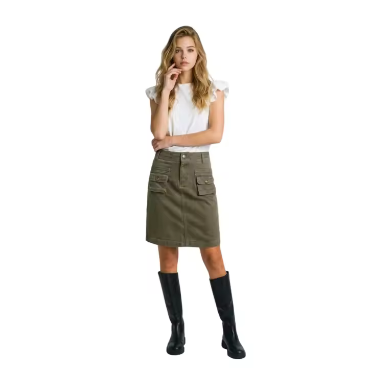Falda kaki de talle medio con bolsillos, trabillas y cierre de botón y cremallera. Diseño cómodo y versátil de algodón 100% para uso diario - REF. M85 - 1
