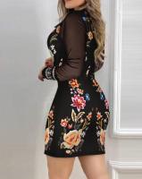 Vestido Elegante Para Mujer Otoño Largo De Manga Con Encaje Estampado Cuello En V Regular Polyester Jersey Florales Oficina Lady - details 1