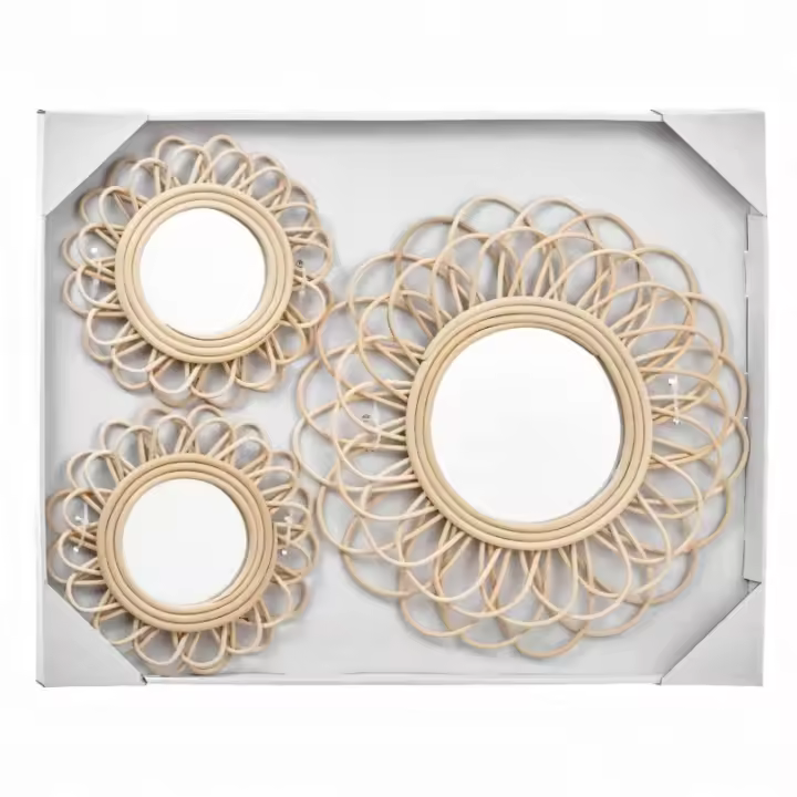 Dcasa Juegos de 3 espejos de pared ratan natural combinado 25 cm y 40 cm - 1