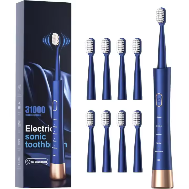 Cepillo de dientes eléctrico resistente al agua IPX7, carga rápida de 2 horas con recordatorio de tiempo inteligente, 5 modos, 8 cabezales, ideal para viajes, interior y exterior, color azul. - 1