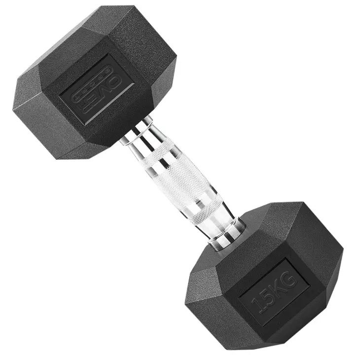 OVER SPORT Mancuernas 15 Kg Hexagonales ergonómica Individual con empuñadura de cromo y revestimiento de caucho,  para Hacer Deporte en casa. Pesas 15 Kilos. - 1