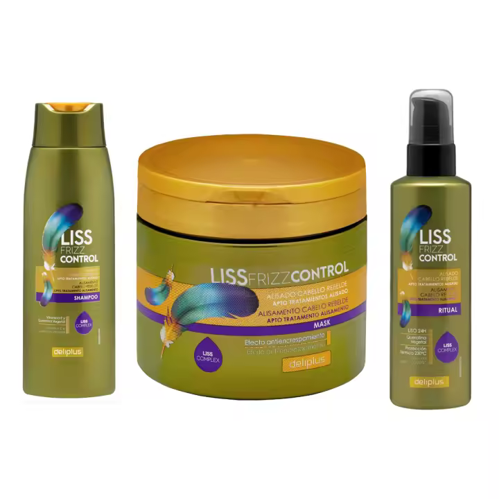 Pack 3 - Champú 400 ml. + Mascarilla 400 ml. + Hidrocrema 200 ml. Liss Frizz Control. Cabello Rebelde con Vitamina E y Queratina. Deliplus - 1