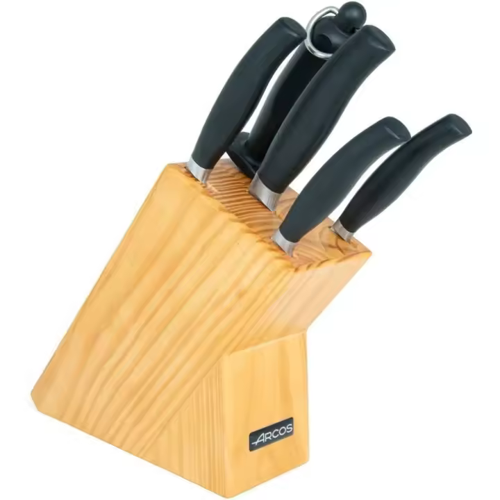 Arcos Serie Clara - Juego 4 Cuchillos de Cocina (Mondador + Chef + Panero + Verduras) + 1 Chaira - Acero Inoxidable Forjado NITRUM - Mango Inyectado de Polipropileno - Color Negro - 1