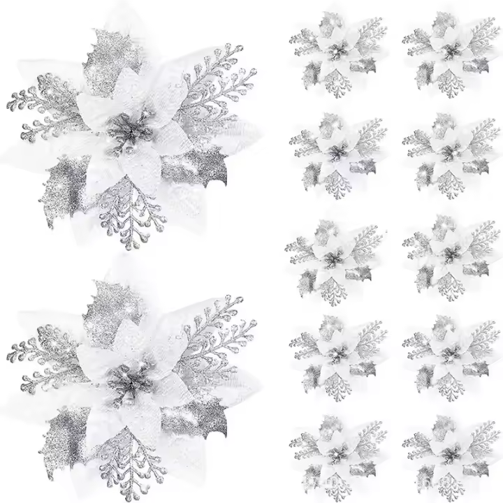 12PCS Flores De Navidad Rosa Y Plateado Decoración De Árbol De Navidad Flores Artificiales Para DIY Merry Christmas Wreath Noel Regalos Decoración De Hogar - 1