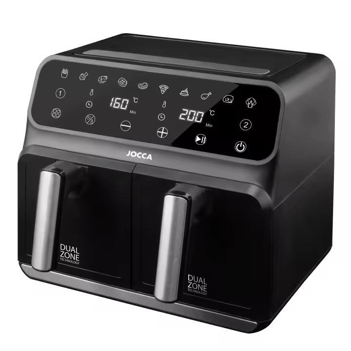 Freidora digital Jocca de aire caliente con dos cubetas independientes con 4 litros de capacidad cada una, pantalla táctil con 10 funciones pre-programadas, temperatura y tiempo ajustable, apagado automático, libre de BPA & PFOA y 1700W de potencia - 1