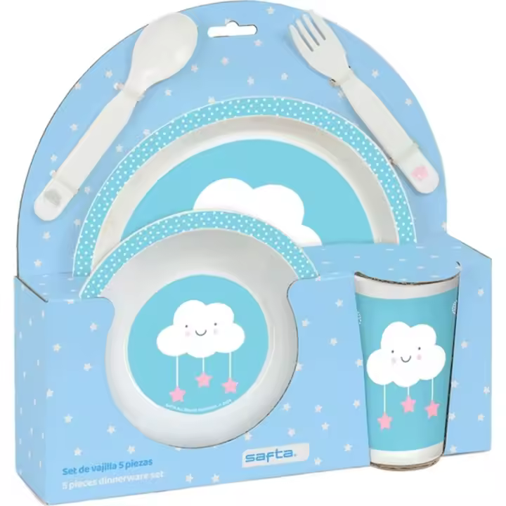 SAFTA - SET DE PLATOS- CUBIERTOS Y VASO SAFTA PREESCOLAR "NUBE" - Set de Platos- Cubiertos y Vaso Safta Preescolar - Comidas Divertidas y Prácticas para los Más Pequeños - 1