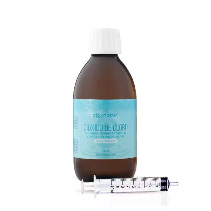 DIOXNATUR® Dióxido de cloro 3000 ppm CDS 250 ml en Botella vidrio ámbar con Jeringuilla Incluida - 1