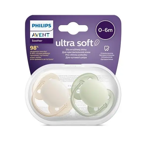 Avent 2 Chupetes Ultra Soft Crema Verde 0-6Meses Niño Scf091/05 - 1