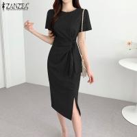 Vestido Bodycon Elegante De Verano ZANZEA Para Mujer Con Manga Corta Y Brecha En El Costado Vestido De Trabajo OL Con Cierre De Cremallera Y Decoración De Encaje Vestido Midi De Polyester - details 6