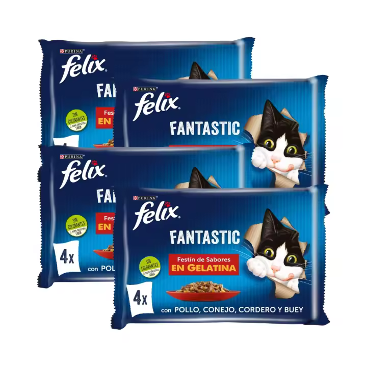 FELIX - Fantastic Gelatina (16x85 gr) - Comida Húmeda Festín de Sabores (Buey, Pollo, Conejo y Cordero) (4 Paquetes de 4x85 gr) - 1