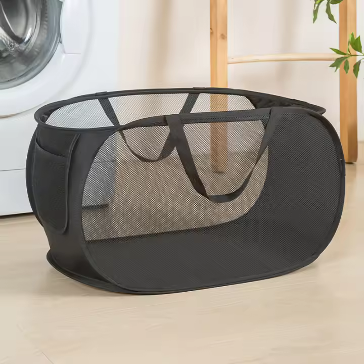 Cesta De Ropa Durable Y Plegable Con Malla Y Bolsillo Lateral Hamper De Almacenamiento De Ropa Con Reinforced Pop up - 1
