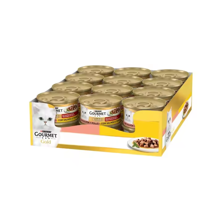 GOURMET - Gold Bocaditos en Salsa (24x85 gr) - Comida Húmeda en Lata (Salmón y Pollo) - 1