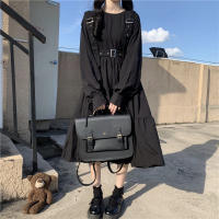 Vestido Midi Negro Harajuku Japonés Para Mujer Estilo Gótico Con Aros Y Volantes Vestido Bandage Ajustable Vintage Traje De Cosplay De Manga Larga Y Corte Ancho - details 8