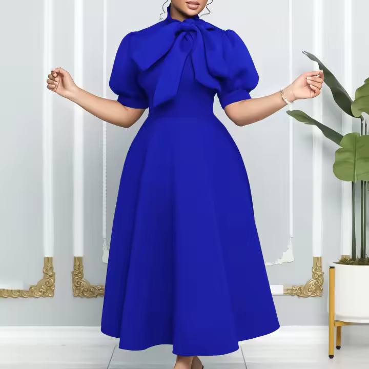 Vestido Elegante De Fiesta Para Mujer 2024 Con Cuello Con Lazo Manga Corta Cintura Alta A-Line Plisado Hasta El Tobillo Vestido De Cumpleaños - 1