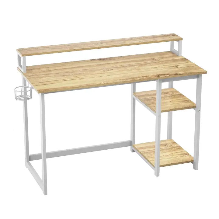 Escritorio de Ordenador con Soporte de Monitor, Escritorio de Oficina con Estantes de Almacenamiento Ajustables, Pequeño Escritorio Reversible para el Estudio, Beige - 1