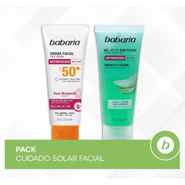 Babaria Pack Cuidado Solar Facial: Crema Facial Solar Antimanchas SPF50+ y After Sun Gel Aloe con Ácido Hialurónico Hidratante y Calmante - 1
