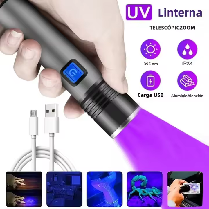 Luz UV Rechargeable USB 395nm Blacklight Zoomable Para Detectar Orina De Mascotas Y Curinga De Resina Luz Ultravioleta Para Defensa Personal - 1