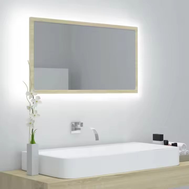 vidaXL Espejo de baño acrílico color 80x8,5x37 cm en color Roble Sonoma/Blanco/Gris hormigón | decorativo de pared para baño dormitorio recibidor moderno - 1