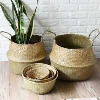 Cesta De Almacenamiento Plegable Estilo Nórdico En Color Verde Para Macetas De Planta Hecha De Paja Y Seagrass Rattan - details 2