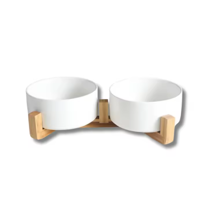 Comedero Doble Cerámico con Base de Madera - Práctico y Elegante para Perros y Gatos - La Casa de Turrón - 1