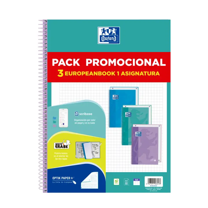 Pack promocional 3 recambios Oxford European Book 1 pastel - espiral y tapa de cartón duro - 80 hojas dinA4 cada recambio - papel 90 gramos cuadricula 5x5 - optik papel y write & erase pizarra blanca - colores del pack: Ice mint, lavanda y azul pastel - 1