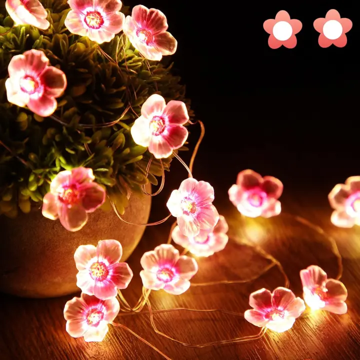 Cadena de luces de flores con forma de flor de cerezo rosa de 3 m y 30 LED, luces decorativas que funcionan con pilas para el dormitorio y el día de San Valentín - 1