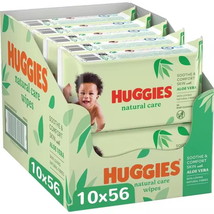 Toallitas Huggies Natural Care para Bebé - Aloe Vera - 99% Agua y con Aloe Vera - 560 toallitas - PACK Especial 10 x 56 Toallitas Aqua Aloe Huggies - 1