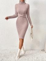 Vestido De Punto Ajustado Cuello Alto Para Mujer Estilo De Otoño E Invierno Vestido Casual De Rodilla Alta Material De Poliéster - details 3