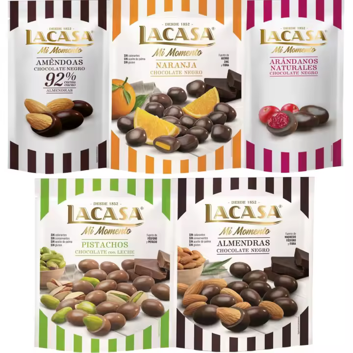 Lacasa Mi Momento pack de 5:Arándano Chocolate Negro ,Almendra 92% ,Almendra Chocolate Negro ,Naranja Chocolate Negro ,Pistacho Chocolate Leche - 1