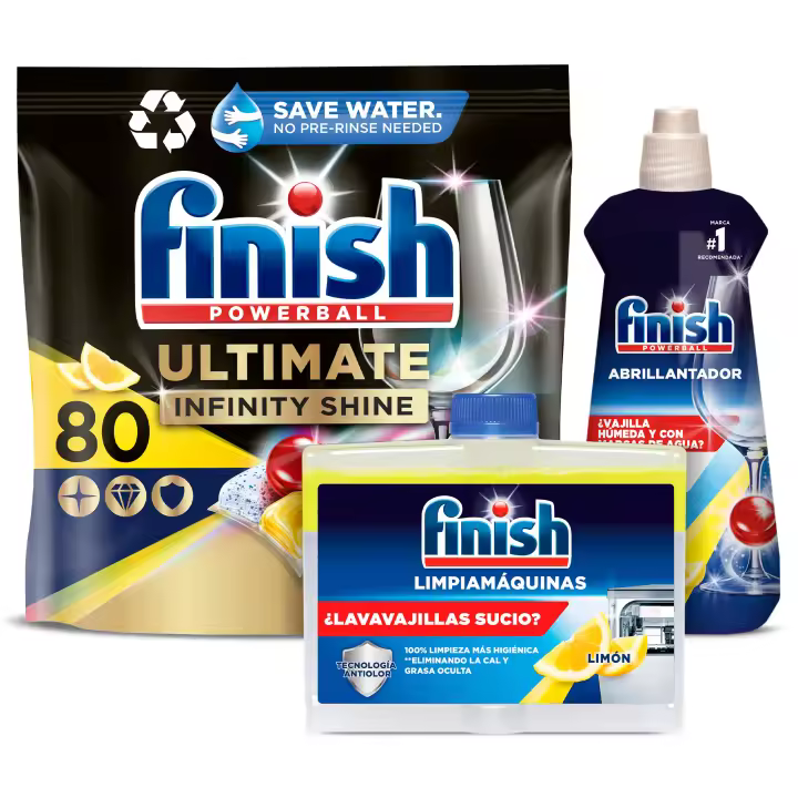Finish Quantum Ultimate Infinity Shine Limón 80 pastillas + Abrillantador Limón 500ml + Limpiamáquinas Limón 250ml - 1
