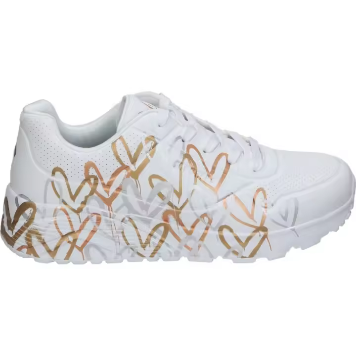 SKECHERS | Zapatillas Skechers x JGoldcrown Uno Lite para Mujer – Deportiva en Color Blanco con Dibujos de Corazones en Dorado – Sneakers con Cordones – Air Cooled Memory Foam – Casual – Modelo 314067L-WTGD - 1