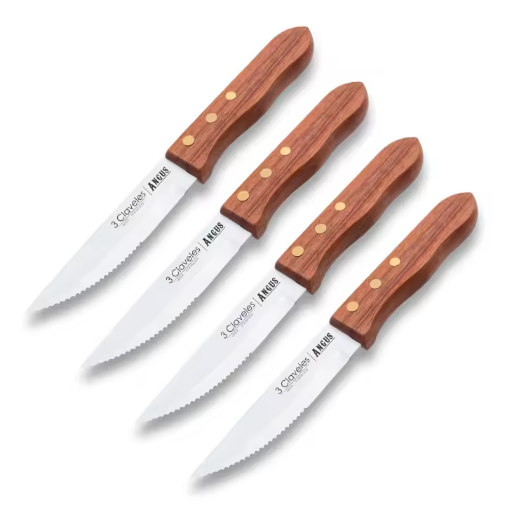 3 Claveles Angus - Set de 4 Cuchillos Chuleteros Dentados 12 cm en Acero Inoxidable - 1