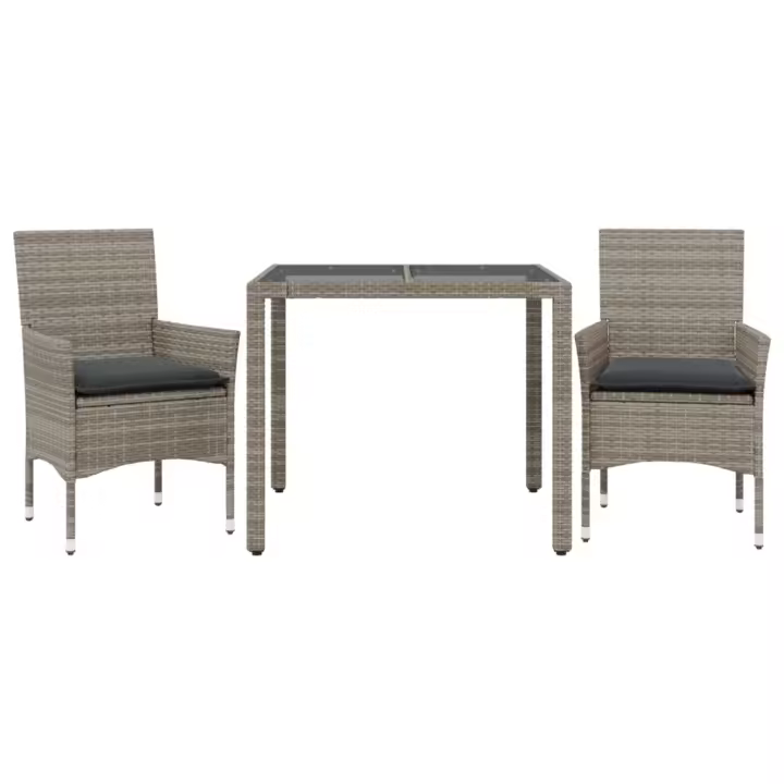 vidaXL Set comedor jardín 3 pzas y cojines ratán sintético vidrio gris - 1