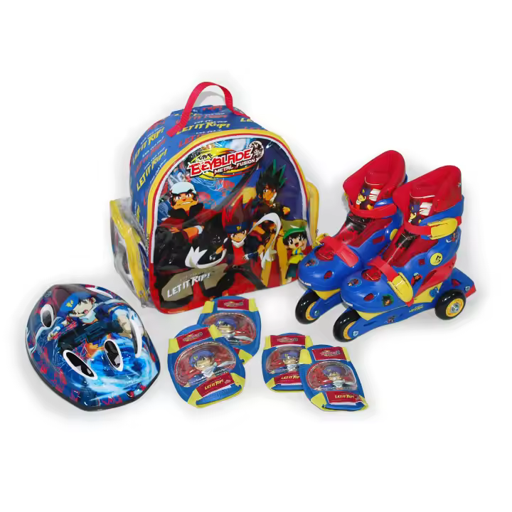 Mochila de Patines transformables en línea, Casco y Protecciones, con diseños exclusivos de Beyblade (8773)(8774)(8776) Patines tallas ajustables. Tallas disponibles 28-31 / 31-34 / 35-38. Set completo y seguro. De acuerdo a la normativa CE. +5 años - 1