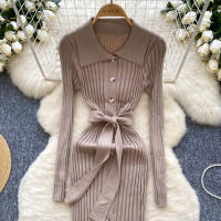 Vestido De Punto Para Mujer REALEFT Otoño Invierno Con Cinturón Cuello Polo De Mano Sola Manga Larga Ajuste Cintura Alta Vestido De Trabajo - details 26