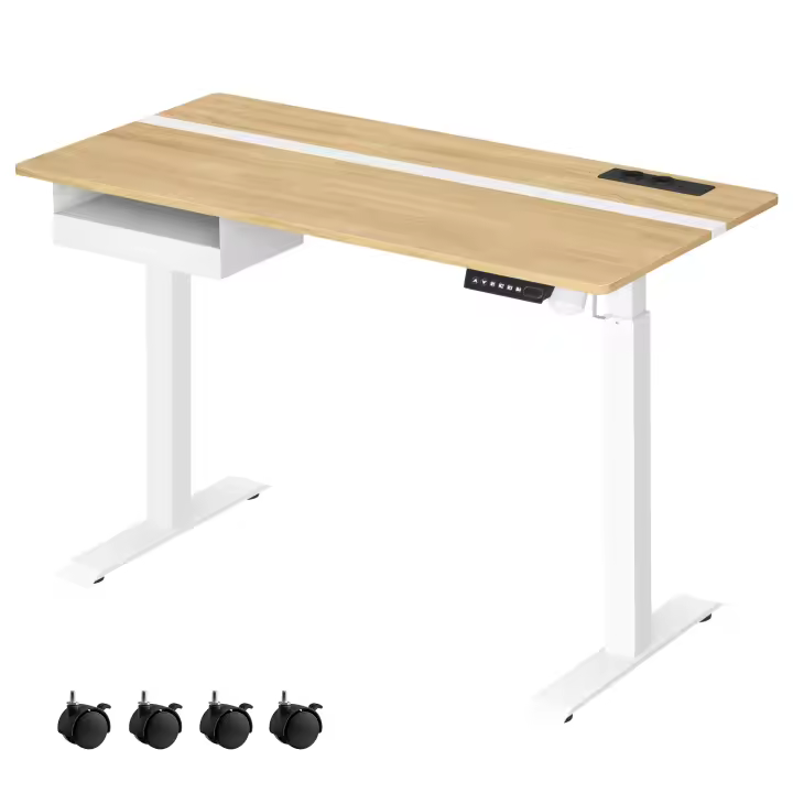 VASAGLE Escritorio Eléctrico Ajustable en Altura, Escriotrio de Pie, Enchufe y Cajón, 60 x 120 cm de Encimera, Ajuste Continuo, 4 Funciones de Memoria de Altura, Roble Natural y Blanco Nube/Blanco/Marrón Rústico y Negro - 1
