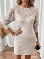 Vestido De Punto Hueco Para Mujer Estilo Primavera Otoño Cuello Redondo Largo De Rodilla Regular Ajuste Acrílico - details 2